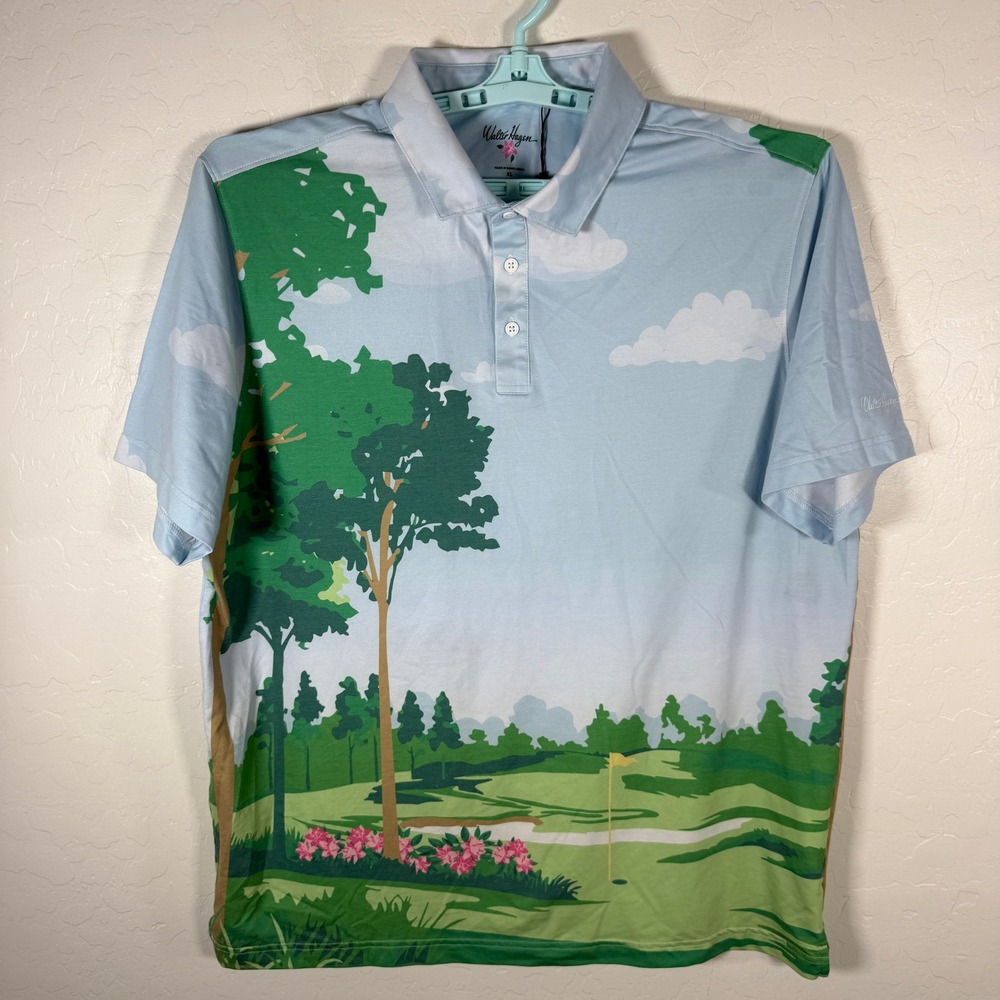 Walter Hagen Polo Shirt Mens XL Blue Golf Course Landscape AOP Short Sleeve